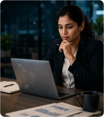 Person reviewing AI-assisted meeting summary at night