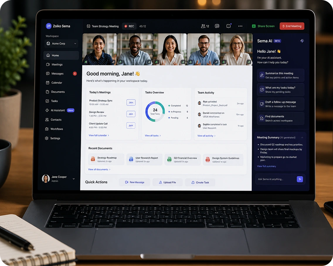 Zoiko Sema AI dashboard on laptop during a client meeting