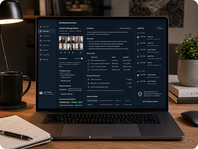Laptop displaying an AI meeting summary with audit trail, key facts, action items, and governance compliance details