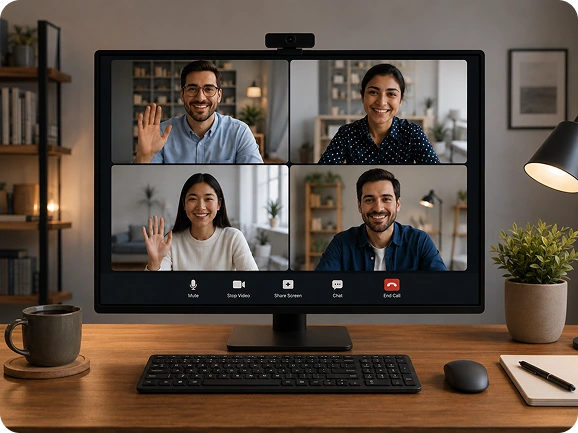 Zoiko Sema video meeting on desktop monitor with four participants
