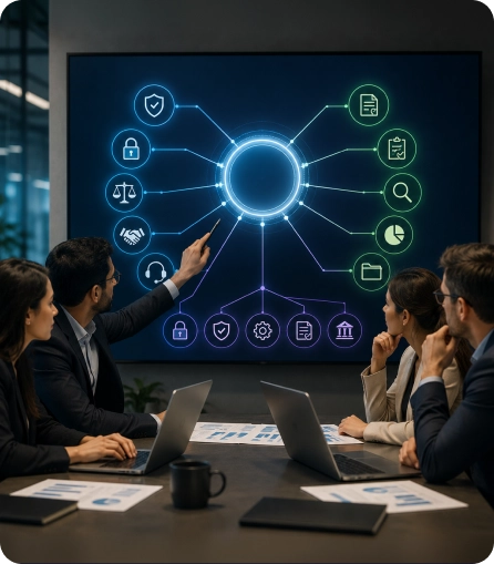 Team reviewing a connected security controls network on screen