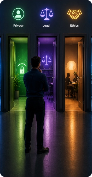Person walking toward doorways labeled Privacy, Legal, and Ethics