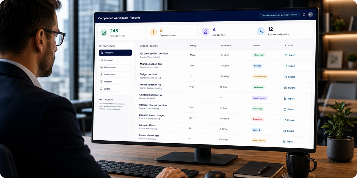 Compliance workspace records dashboard filtered by status