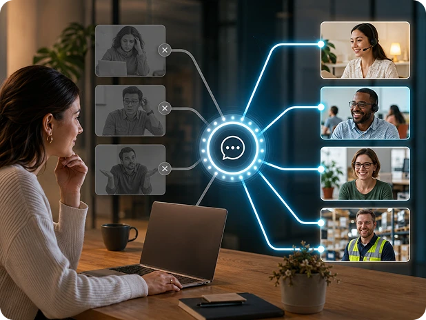 Person on a video call desk with connected routing paths to support team members