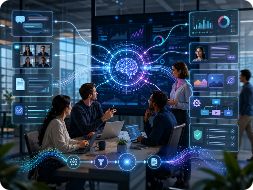 Team collaborating with Zoiko Intelligence AI overlay