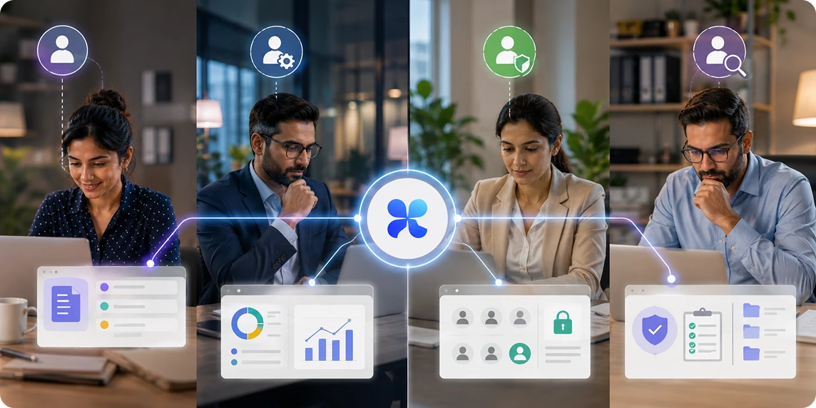 Contributor, manager, admin, and auditor roles connected to role-based visibility