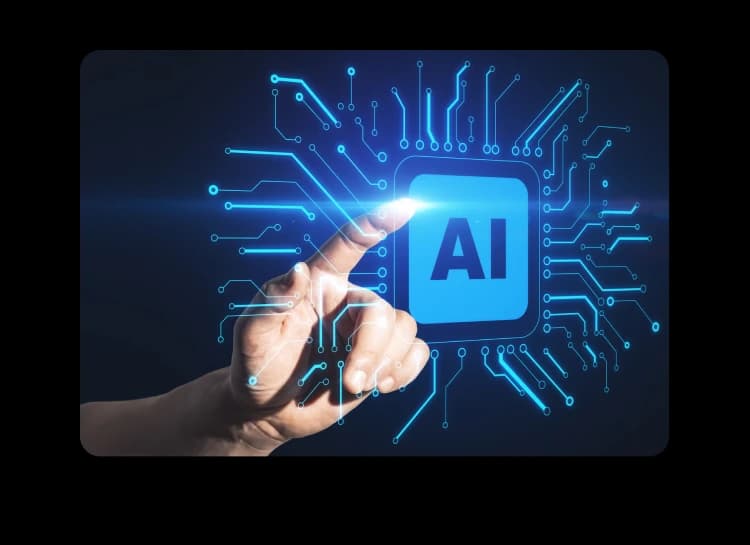A finger touching a glowing AI chip icon surrounded by circuit lines, representing Zoiko Sema's AI intelligence layer