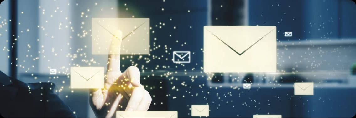 A finger touching a glowing point surrounded by floating mail envelope icons, representing Zoiko Sema's connected mail and calendar