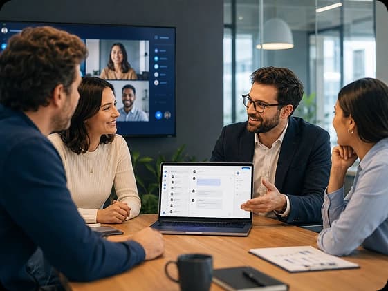 Team reviewing a video call together in a meeting room