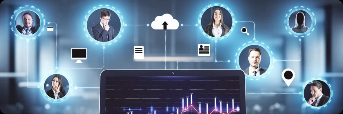 A network of team member profile photos connected to a cloud and a workforce analytics dashboard, representing the ZoikoTime bridge