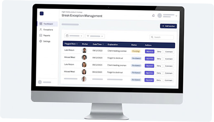Human-in-the-loop exception dashboard mockup on desktop monitor