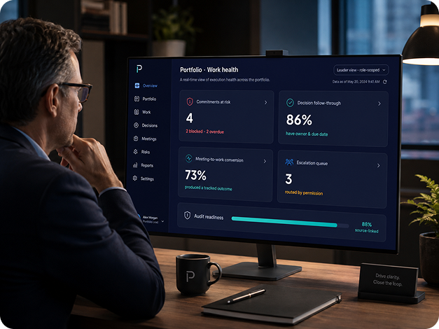 A leader reviewing a Zoiko Sema work-health dashboard showing decision follow-through, completion rate, and escalation metrics