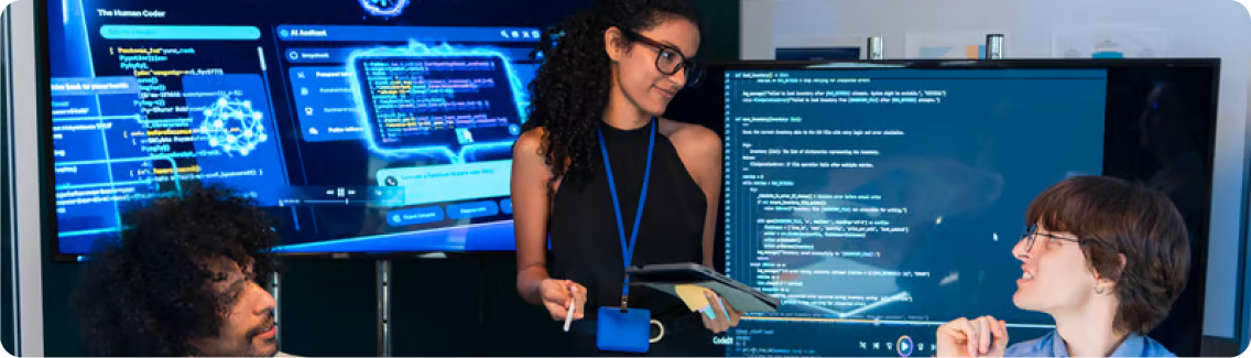 Developers reviewing API code and webhook logs on multiple monitors
